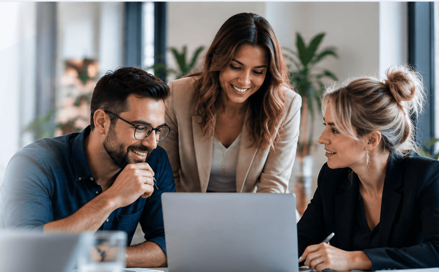 Three colleagues collaborating around a laptop in a bright office.